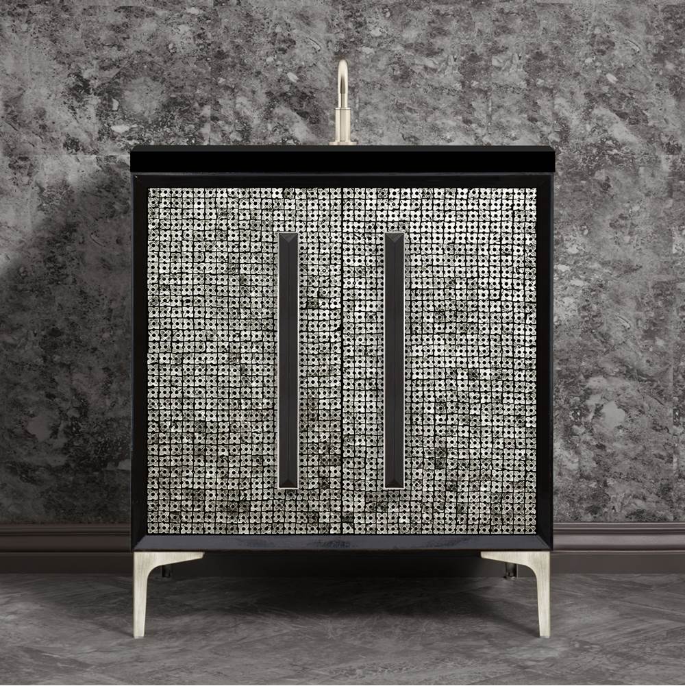 Linkasink MOTHER OF PEARL with 18'' Artisan Glass Prism Hardware 30'' Wide Vanity, Black, Satin Nickel Hardware, 30'' x 22'' x 33.5'' (without vanity top)