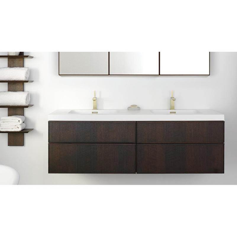 WETSTYLE  Canada Furniture Frame Linea - Vanity Wall-Mount 36 X 22 - 2 Drawers, Horse Shoe Drawers - Walnut Natural No Calico And White Glass Insert
